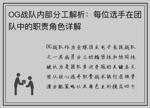 OG战队内部分工解析：每位选手在团队中的职责角色详解